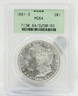 1881 S MORGAN SILVER DOLLAR $1 PCGS MS64 OGH: 1881 S MORGAN SILVER DOLLAR $1 PCGS MS64 OGH 1881 S MORGAN SILVER DOLLAR $1 PCGS MS64 OGH Description 1881 S Morgan Silver Dollar $1 PCGS MS64 OGH Coins has been graded as a MS-64 by NGC. The protecti