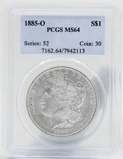 1885 O MORGAN SILVER DOLLAR $1 PCGS MS64: 1885 O MORGAN SILVER DOLLAR $1 PCGS MS64 1885 O MORGAN SILVER DOLLAR $1 PCGS MS64 Description 1885 O Morgan Silver Dollar $1 PCGS MS64 Coins has been graded as a MS-64 by NGC. The protective plastic h