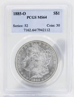 1885 O MORGAN SILVER DOLLAR $1 PCGS MS64: 1885 O MORGAN SILVER DOLLAR $1 PCGS MS64 1885 O MORGAN SILVER DOLLAR $1 PCGS MS64 Description 1885 O Morgan Silver Dollar $1 PCGS MS64 Coins has been graded as a MS-64 by NGC. The protective plastic h
