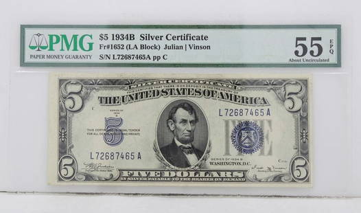 $5 1934B SILVER CERTIFICATE NOTE FR#1652 LA BLOCK PMG 55 EPQ ABOUT CIRCULATED: $5 1934B SILVER CERTIFICATE NOTE FR#1652 LA BLOCK PMG 55 EPQ ABOUT CIRCULATED $5 1934B SILVER CERTIFICATE NOTE FR#1652 LA BLOCK PMG 55 EPQ ABOUT CIRCULATED Description $5 1934B Silver Certificate Note