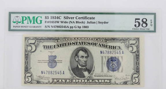 $5 1934C SILVER CERTIFICATE NOTE FR#1653W WIDE NA BLOCK PMG 58 EPQ ABOUT UNCIR: $5 1934C SILVER CERTIFICATE NOTE FR#1653W WIDE NA BLOCK PMG 58 EPQ ABOUT UNCIR $5 1934C SILVER CERTIFICATE NOTE FR#1653W WIDE NA BLOCK PMG 58 EPQ ABOUT UNCIR Description $5 1934C Silver Certificate No