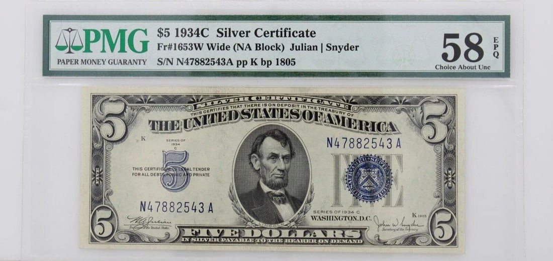 $5 1934C SILVER CERTIFICATE NOTE FR#1653W WIDE NA BLOCK PMG 58 EPQ ABOUT UNCIR (1 of 2)