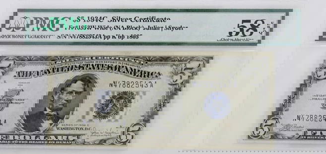 $5 1934C SILVER CERTIFICATE NOTE FR#1653W WIDE NA BLOCK PMG 58 EPQ ABOUT UNCIR: $5 1934C SILVER CERTIFICATE NOTE FR#1653W WIDE NA BLOCK PMG 58 EPQ ABOUT UNCIR $5 1934C SILVER CERTIFICATE NOTE FR#1653W WIDE NA BLOCK PMG 58 EPQ ABOUT UNCIR Description $5 1934C Silver Certificate No