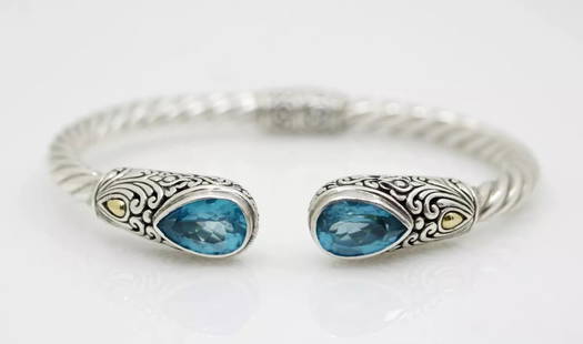 BALI DESIGN 18K YELLOW GOLD & STERLING SILVER BLUE GEMSTONE CUFF BRACELET: BALI DESIGN 18K YELLOW GOLD & STERLING SILVER BLUE GEMSTONE CUFF BRACELET BALI DESIGN 18K YELLOW GOLD & STERLING SILVER BLUE GEMSTONE CUFF BRACELET Description Bali Design 18K Yellow Gold & Sterling