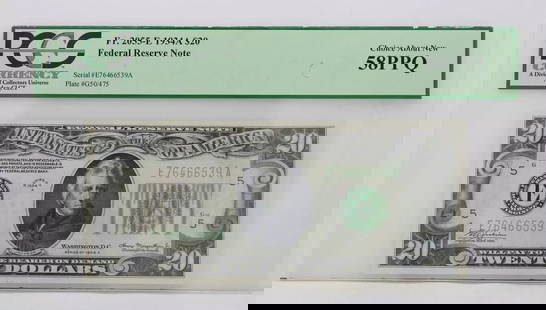 2055-E 1934A $20 FRN CHOICE ABOUT NEW 58PPQ S/N E76466539A: 2055-E 1934A $20 FRN CHOICE ABOUT NEW 58PPQ S/N E76466539A 2055-E 1934A $20 FRN CHOICE ABOUT NEW 58PPQ S/N E76466539A Description $20 1934A Federal Reserve Note FR#2055-E PPQ 58 Choice About New The r
