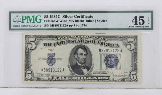 $5 1934C SILVER CERTIFICATE 45 CHOICE EXTREMELY FINE S/N M88913122A PP J BP 1734: $5 1934C SILVER CERTIFICATE 45 CHOICE EXTREMELY FINE S/N M88913122A PP J BP 1734 $5 1934C SILVER CERTIFICATE 45 CHOICE EXTREMELY FINE S/N M88913122A PP J BP 1734 Description $5 1934C Silver Certificat