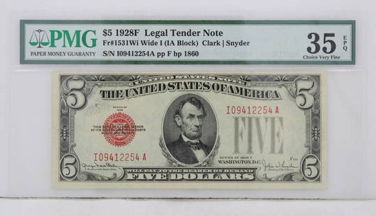 $5 1928F LEGAL TENDER NOTE FR#1531WI WIDE I IA BLOCK PMG 35 EPQ CHOICE VERY FINE: $5 1928F LEGAL TENDER NOTE FR#1531WI WIDE I IA BLOCK PMG 35 EPQ CHOICE VERY FINE $5 1928F LEGAL TENDER NOTE FR#1531WI WIDE I IA BLOCK PMG 35 EPQ CHOICE VERY FINE Description $5 1928F Legal Tender Note