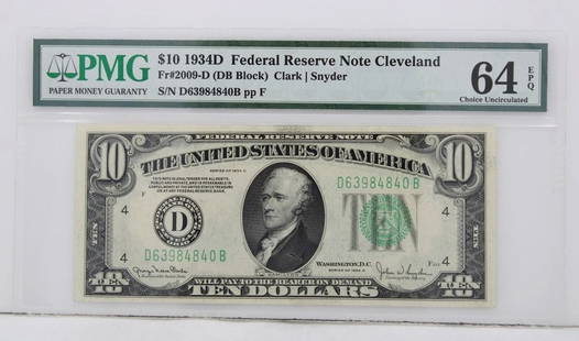 $10 1934D FEDERAL RESERVE NOTE C 64 EPQ CHOICE UNCIRCULATED S/N D63984840B PP F: $10 1934D FEDERAL RESERVE NOTE C 64 EPQ CHOICE UNCIRCULATED S/N D63984840B PP F $10 1934D FEDERAL RESERVE NOTE C 64 EPQ CHOICE UNCIRCULATED S/N D63984840B PP F Description $10 1934B Federal Reserve No