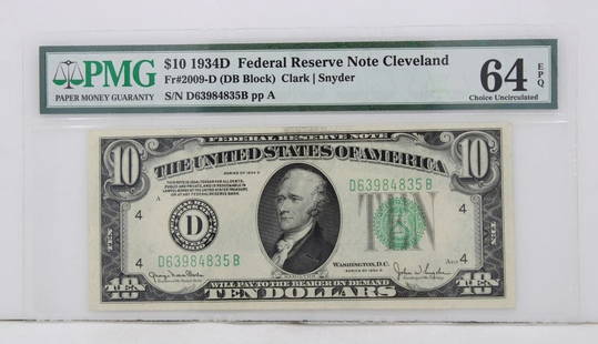 $10 1934D FEDERAL RESERVE NOTE C 64 EPQ CHOICE UNCIRCULATED S/N D63984835B PP A: $10 1934D FEDERAL RESERVE NOTE C 64 EPQ CHOICE UNCIRCULATED S/N D63984835B PP A $10 1934D FEDERAL RESERVE NOTE C 64 EPQ CHOICE UNCIRCULATED S/N D63984835B PP A Description $10 1934D Federal Reserve No