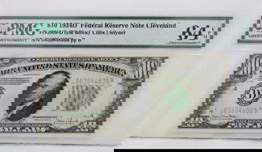 $10 1934D FRNC 64 EPQ CHOICE UNCIRCULATED S/N D63984836B PP B: $10 1934D FRNC 64 EPQ CHOICE UNCIRCULATED S/N D63984836B PP B $10 1934D FRNC 64 EPQ CHOICE UNCIRCULATED S/N D63984836B PP B Description $10 1934D Federal Reserve Note Cleveland FR#2009-D DB Block PMG
