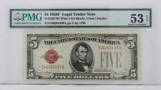 $5 1928F LEGAL TENDER NOTE FR#1531WI WIDE I IA BLOCK PMG 53 EBQ ABOUT UNCIRC.: $5 1928F LEGAL TENDER NOTE FR#1531WI WIDE I IA BLOCK PMG 53 EBQ ABOUT UNCIRC. $5 1928F LEGAL TENDER NOTE FR#1531WI WIDE I IA BLOCK PMG 53 EBQ ABOUT UNCIRC. Description $5 1928F Legal Tender Note FR#15