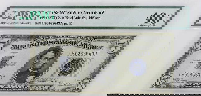 $5 1934B SILVER CERTIFICATE NOTE FR#1652 LA BLOCK PMG 40 EBQ EXTREMELY FINE: $5 1934B SILVER CERTIFICATE NOTE FR#1652 LA BLOCK PMG 40 EBQ EXTREMELY FINE $5 1934B SILVER CERTIFICATE NOTE FR#1652 LA BLOCK PMG 40 EBQ EXTREMELY FINE Description $5 1934B Silver Certificate Note FR#