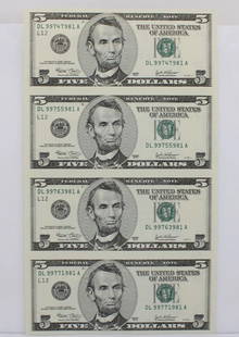 UNCUT SHEET OF FOUR (4) $5 FIVE DOLLAR BILLS - SERIES 2003 UNCIRCULATED: UNCUT SHEET OF FOUR (4) $5 FIVE DOLLAR BILLS - SERIES 2003 UNCIRCULATED Description Uncut Sheet of Four (4) $5 Five Dollar Bills - Series 2003 Uncirculated Uncut Sheet is in uncirculated condition. Pl
