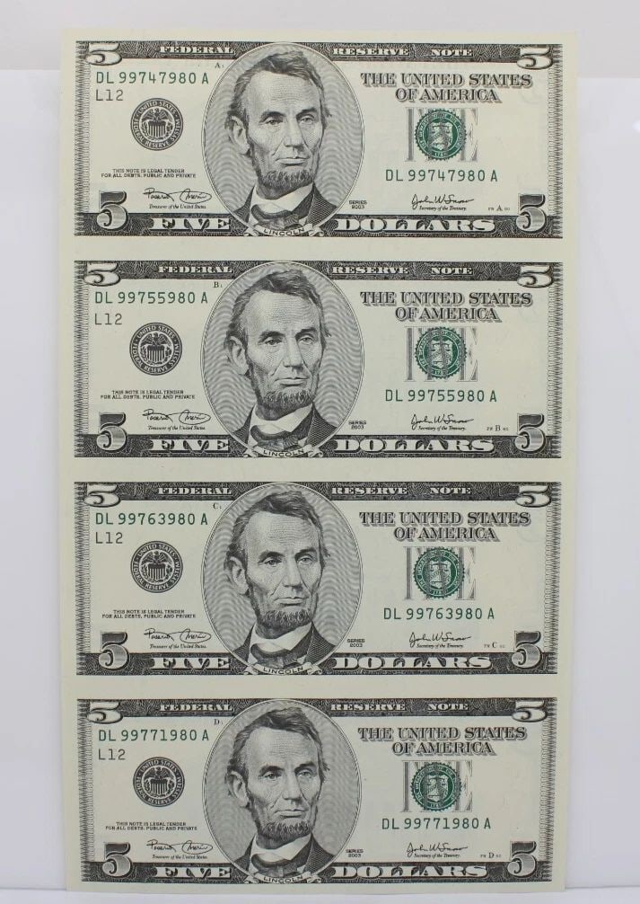 UNCUT SHEET OF FOUR (4) $5 FIVE DOLLAR BILLS - SERIES 2003 UNCIRCULATED (1 of 2)