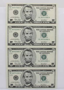 UNCUT SHEET OF FOUR (4) $5 FIVE DOLLAR BILLS - SERIES 2003 UNCIRCULATED: UNCUT SHEET OF FOUR (4) $5 FIVE DOLLAR BILLS - SERIES 2003 UNCIRCULATED Description Uncut Sheet of Four (4) $5 Five Dollar Bills - Series 2003 Uncirculated Uncut Sheet is in uncirculated condition. Pl