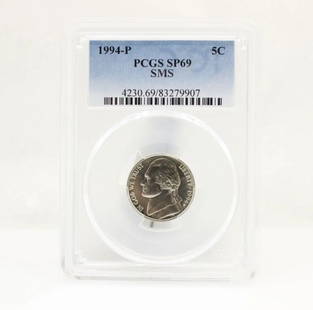 1994-P JEFFERSON NICKEL PCGS SP69 SMS 5C: 1994-P JEFFERSON NICKEL PCGS SP69 SMS 5C 1994-P JEFFERSON NICKEL PCGS SP69 SMS 5C Description 1994-P Jefferson Nickel PCGS SP69 SMS 5c The nickel is a SP 69 grade The holder may show signs of shelf