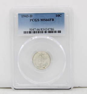 1943-D MERCURY DIME 10C PCGS MS66FB: 1943-D MERCURY DIME 10C PCGS MS66FB 1943-D MERCURY DIME 10C PCGS MS66FB Description 1943-D Mercury Dime 10C PCGS MS66FB The Coin has been given a grade of MS66 by PCGS. The holder may show signs of