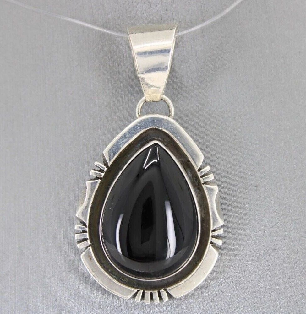 NAVAJO RITA TOUCHINE BLACK ONYX & STERLING SILVER TEAR DROP PENDANT: NAVAJO RITA TOUCHINE BLACK ONYX & STERLING SILVER TEAR DROP PENDANT NAVAJO RITA TOUCHINE BLACK ONYX & STERLING SILVER TEAR DROP PENDANT Description Navajo Rita Touchine Black Onyx & Sterling Silver Te