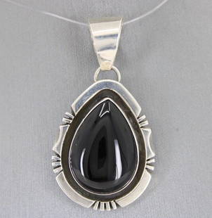 NAVAJO RITA TOUCHINE BLACK ONYX & STERLING SILVER TEAR DROP PENDANT: NAVAJO RITA TOUCHINE BLACK ONYX & STERLING SILVER TEAR DROP PENDANT NAVAJO RITA TOUCHINE BLACK ONYX & STERLING SILVER TEAR DROP PENDANT Description Navajo Rita Touchine Black Onyx & Sterling Silver