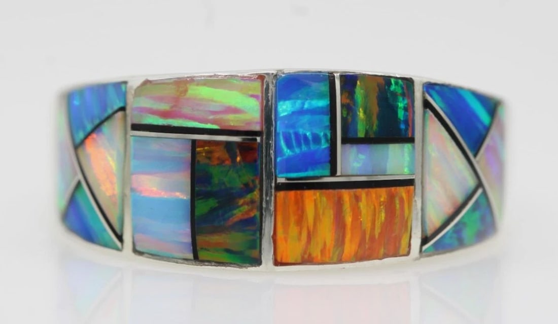 MELVIN THOMPSON NAVAJO STERLING SILVER MULTICOLOR OPAL GEMSTONE RING SIZE 10 (1 of 2)
