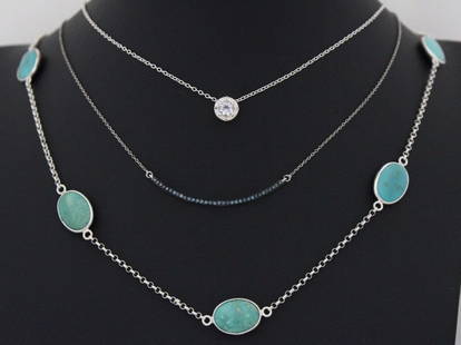 STERLING SILVER BLUE DIAMOND, TURQUOISE, & WHITE TOPAZ NECKLACES SET OF 3: STERLING SILVER BLUE DIAMOND, TURQUOISE, & WHITE TOPAZ NECKLACES SET OF 3 STERLING SILVER BLUE DIAMOND, TURQUOISE, & WHITE TOPAZ NECKLACES SET OF 3 Description Sterling Silver Blue Diamond,