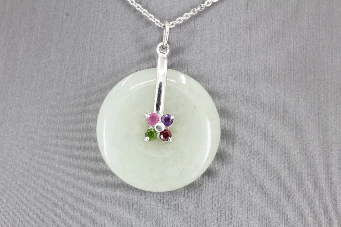 STERLING SILVER JADE 21.5 MM JADEITE DISC PENDANT W/ 4 GEMSTONES ON 18" NECKLACE (1 of 2)