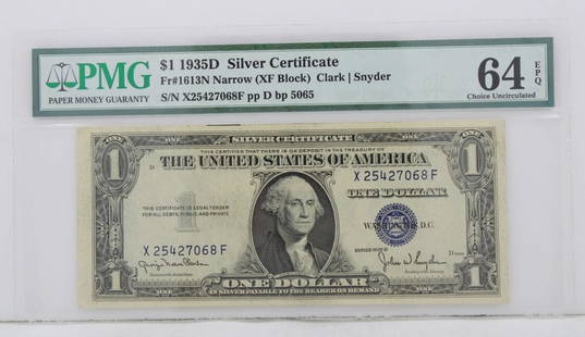 $1 1935D SILVER CERTIFICATE 64 EPQ CHOICE UNCIRCULATED X25427068F PP D BP 5065: $1 1935D SILVER CERTIFICATE 64 EPQ CHOICE UNCIRCULATED X25427068F PP D BP 5065 $1 1935D SILVER CERTIFICATE 64 EPQ CHOICE UNCIRCULATED X25427068F PP D BP 5065 Description $1 1935D Silver Certificate No