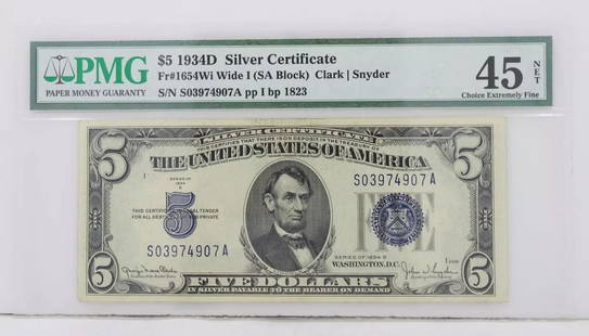 $5 1934D SILVER CERTIFICATE 45 CHOICE EXTREMELY FINE S/N S03974907A PP I BP 1823: $5 1934D SILVER CERTIFICATE 45 CHOICE EXTREMELY FINE S/N S03974907A PP I BP 1823 $5 1934D SILVER CERTIFICATE 45 CHOICE EXTREMELY FINE S/N S03974907A PP I BP 1823 Description $5 1934D Silver Certificat