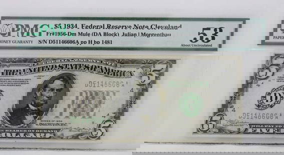 $5 1934 FEDERAL RESERVE NOTE 53 ABOUT UNCIRCULATED S/N D51146606A PP H BP 1481: $5 1934 FEDERAL RESERVE NOTE 53 ABOUT UNCIRCULATED S/N D51146606A PP H BP 1481 $5 1934 FEDERAL RESERVE NOTE 53 ABOUT UNCIRCULATED S/N D51146606A PP H BP 1481 Description $5 1934 Federal Reserve Note C