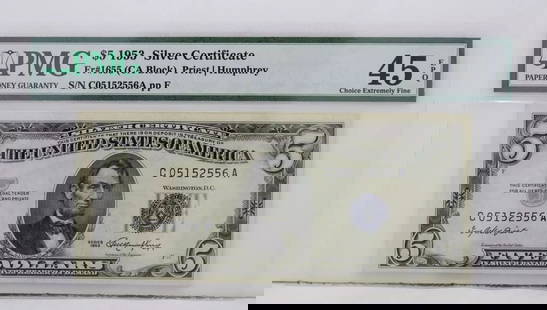 $5 1953 SILVER CERTIFICATE PMG 45 EPQ CHOICE EXTREMELY FINE S/N C05152556A PP F: $5 1953 SILVER CERTIFICATE PMG 45 EPQ CHOICE EXTREMELY FINE S/N C05152556A PP F $5 1953 SILVER CERTIFICATE PMG 45 EPQ CHOICE EXTREMELY FINE S/N C05152556A PP F Description $5 1953 Silver Certificate N