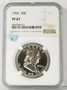 1962 50 CENTS NGC PF 67 - PROOF FRANKLIN HALF DOLLAR - SILVER: 1962 50 CENTS NGC PF 67 - PROOF FRANKLIN HALF DOLLAR - SILVER Description USA 1962 50 Cents NGC PF 67 - PROOF FRANKLIN HALF DOLLAR - Silver The auction is for the Coin only. Free Shipping!