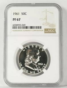 1961 50 CENTS NGC PF 67 - PROOF FRANKLIN HALF DOLLAR - SILVER: 1961 50 CENTS NGC PF 67 - PROOF FRANKLIN HALF DOLLAR - SILVER Description 1961 50 Cents NGC PF 67 - PROOF FRANKLIN HALF DOLLAR - Silver There are scratch marks on the case. The auction is for the