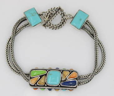 BARSE STERLING SILVER TURQUOISE CORAL LAPIS WHEAT CHAIN TOGGLE BRACELET 7": BARSE STERLING SILVER TURQUOISE CORAL LAPIS WHEAT CHAIN TOGGLE BRACELET 7" Description Barse Sterling Silver Turquoise Coral Lapis Wheat Chain Toggle Bracelet Bracelet is in good condition. May