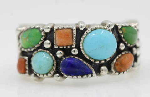 NK STERLING SILVER THAILAND MULTICOLOR GEMSTONE RING SIZE 9 - 8.4 GRAMS: NK STERLING SILVER THAILAND MULTICOLOR GEMSTONE RING SIZE 9 - 8.4 GRAMS Description NK Sterling Silver Thailand Multicolor Gemstone Ring Ring is in good condition. May show signs of wear and/or