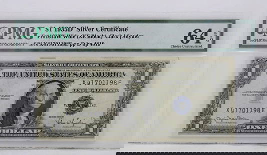 $1 1935D SILVER CERTIFICATE 64 EPQ CHOICE UNCIRCULATED X41701198E PP D BP 4819: $1 1935D SILVER CERTIFICATE 64 EPQ CHOICE UNCIRCULATED X41701198E PP D BP 4819 Description $1 1935D Silver Certificate Note FR#1613W Wide XE Block PMG 64 EBQ Choice Uncirculated The responsibility and