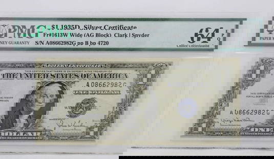 $1 1935D SILVER CERTIFICATED 64 EPQ CHOICE UNCIRCULATED A08662982G PP B BP 4720: $1 1935D SILVER CERTIFICATED 64 EPQ CHOICE UNCIRCULATED A08662982G PP B BP 4720 Description $1 1935D Silver Certificate Note FR#1613W Wide AG Block PMG 64 EPQ Choice Uncirculated The responsibility an