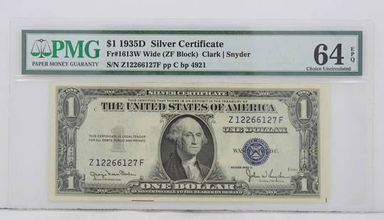 $1 1935D SILVER CERTIFICATE 64 EPQ CHOICE UNCIRCULATED Z12266127F PP C BP 4921: $1 1935D SILVER CERTIFICATE 64 EPQ CHOICE UNCIRCULATED Z12266127F PP C BP 4921 Description $1 1935D Silver Certificate Note FR#1613W Wide ZF Block PMG 64 EBQ Choice Uncirculated The responsibility and