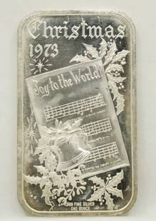 1973 MADISON MINT CHRISTMAS JOY TO THE WORLD 1 OUNCE .999 FINE SILVER ART BAR: 1973 MADISON MINT CHRISTMAS JOY TO THE WORLD 1 OUNCE .999 FINE SILVER ART BAR Description 1973 Madison Mint Christmas Joy to the World 1 Ounce .999 Fine Silver Art Bar The silver bar is in good