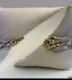 18K YELLOW GOLD AND DIAMOND LARGE LINK BRACELET: 18K YELLOW GOLD AND DIAMOND LARGE LINK BRACELET 18K Yellow Gold with Diamonds Large Link BraceletApproximate weight is 27.9 g32 round diamonds = 0.76 ctMarking on bracelet says Mayor's&nbsp;