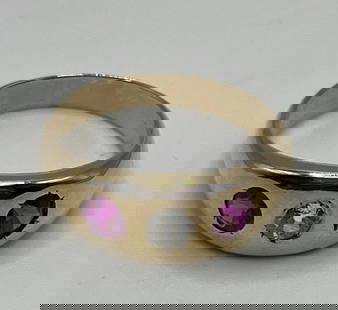 YELLOW GOLD ANTIQUE 12.6 KT WITH MANMADE RUBIES & DIAMOND MEN'S RING SIZE 11.5: YELLOW GOLD ANTIQUE 12.6 KT WITH MANMADE RUBIES & DIAMOND MEN'S RING SIZE 11.5 This antique men's ring is crafted from 12.6 k yellow gold and features two beautiful round pink manmade rubies as the ma