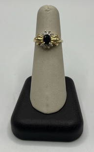 14KT YELLOW GOLD, DIAMOND & SAPPHIRE RING SIZE 6.25: 14KT YELLOW GOLD, DIAMOND & SAPPHIRE RING SIZE 6.25 This stunning ring is made of 14k yellow gold and features a beautiful combination of sapphire and diamond stones. The ring is a size 6.25 and is pe