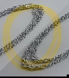 STERLING SILVER GOLD COLOR NECKLACE 26" BYZANTINE LINK 73.4 GRAMS: STERLING SILVER GOLD COLOR NECKLACE 26" BYZANTINE LINK 73.4 GRAMS Elevate your jewelry collection with this exquisite 26-inch Sterling Silver Byzantine Chain Necklace. The lustrous gold color adds a