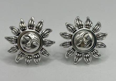 TIFFANY & CO. SUNBURST SILVER EARRINGS (CLIP ON): TIFFANY & CO. SUNBURST SILVER EARRINGS (CLIP ON) These stunning Tiffany &amp; Co. silver clip-on earrings are perfect for any occasion. The sunburst shape adds a touch of elegance, while the sterling
