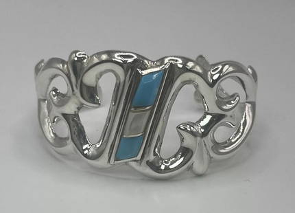 WOMENS STERLING SILVER TURQUOISE CUFF BRACELET: WOMENS STERLING SILVER TURQUOISE CUFF BRACELET A nice and heavy Sterling Silver and Turquoise Stone Cuff BraceletBracelet weighs approximately 48.2 gThe opening of the cuff is approximately 2.25" X 1.