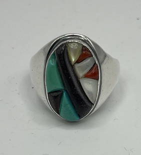 NATIVE AMERICAN R> STERLING SILVER AND MULTI-STONE INLAY RING: NATIVE AMERICAN R&GT STERLING SILVER AND MULTI-STONE INLAY RING Add a touch of Native American style to your collection with this stunning R&gt; Sterling Silver Ring. The ring features an intricate in