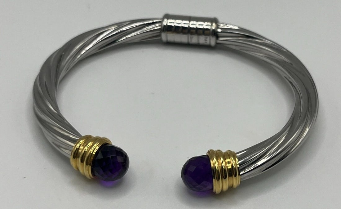 T&T STAINLESS STEEL PURPLE CRYSTAL GOLDONE SILVERTONE OPEN TWIST BANGLE BRACELET (1 of 2)
