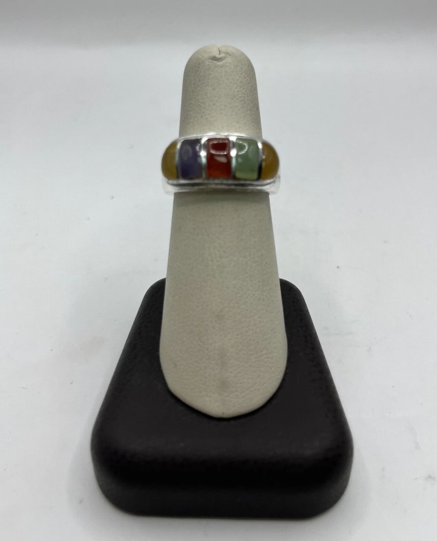 STERLING SILVER WITH INLAY OF MULTI-COLORED STONES - SIZE 7 (1 of 2)