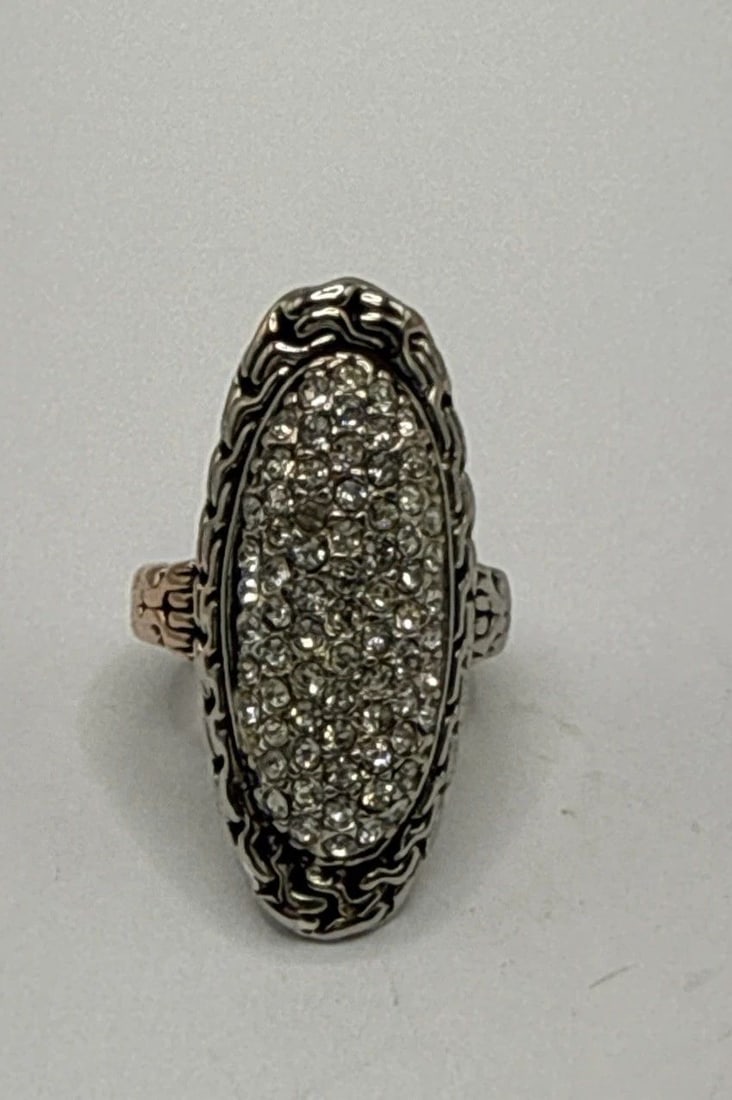STERLING SILVER ELONGATED RING WITH COLORLESS STONES SIZE 7.25/7.5 (1 of 2)