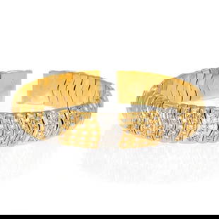 SPIGA STYLE BRACELET DIAMONDS 18K TWO TONE GOLD 12MM WIDE CUFF: SPIGA STYLE BRACELET DIAMONDS 18K TWO TONE GOLD 12MM WIDE CUFF Spiga Style Diamonds 18k Two Tone Gold 12mm Wide Cuff Bracelet LIQUIDATION Description This lovely Estate bracelet is crafted from 18k