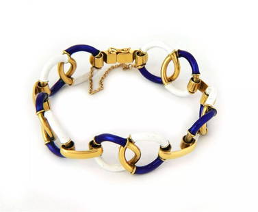 18K YELLOW GOLD ENAMEL FANCY INTERLACED LINK VINTAGE BRACELET: 18K YELLOW GOLD ENAMEL FANCY INTERLACED LINK VINTAGE BRACELET Vintage 18k Yellow Gold Enamel Fancy Interlaced Link Bracelet Description This is a fashionable vintage bracelet, crafted from 18k